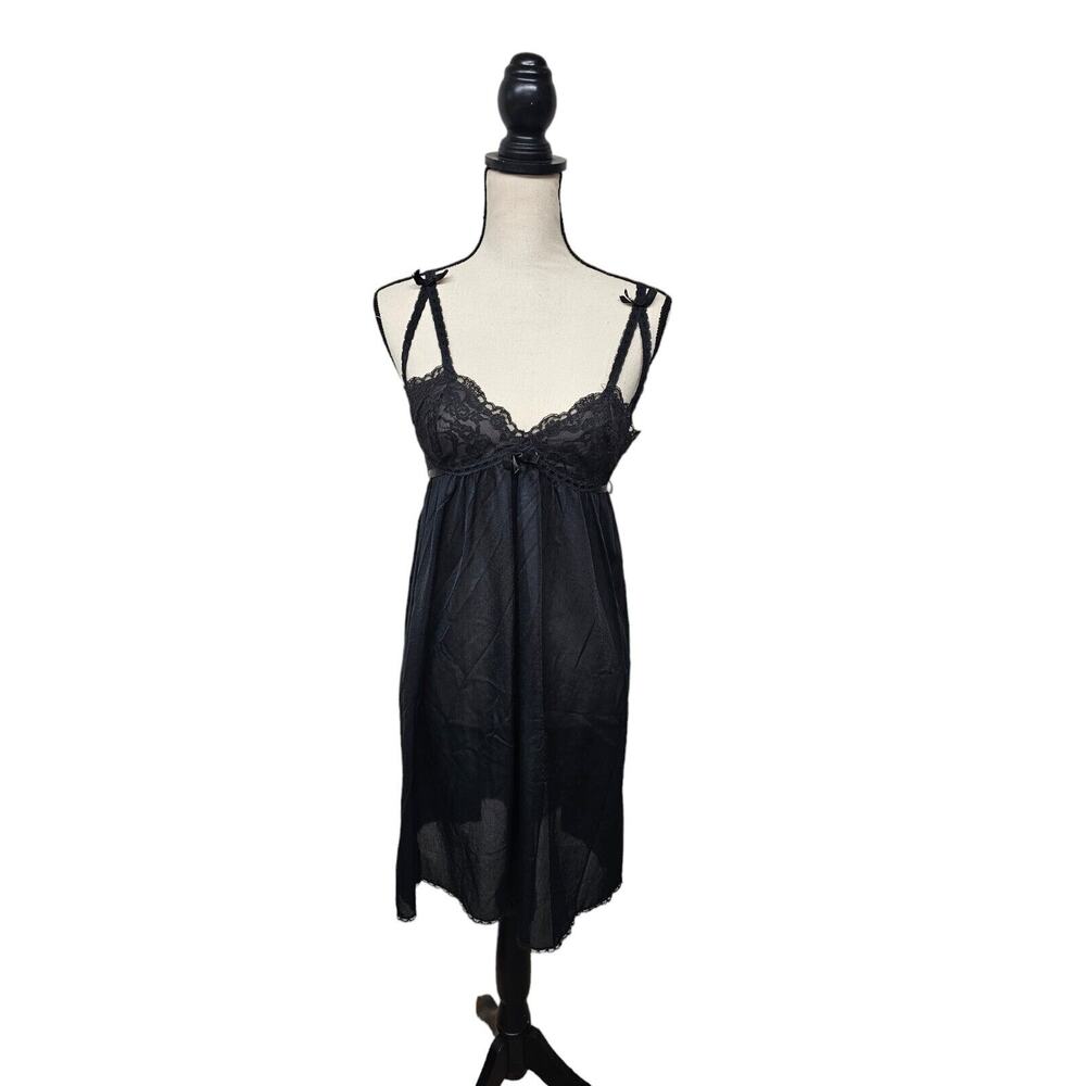 VTG Hollywood Womens Satin Midi Slip Dress Size 34  L Coquette Y2K Lace  Bows